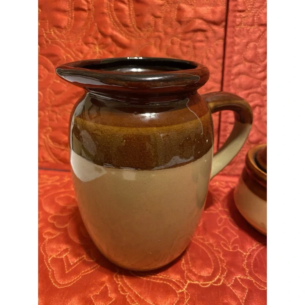 Vintage Brown Stoneware Milk Pitcher, Condiment Holder, Early‎ 20th Century